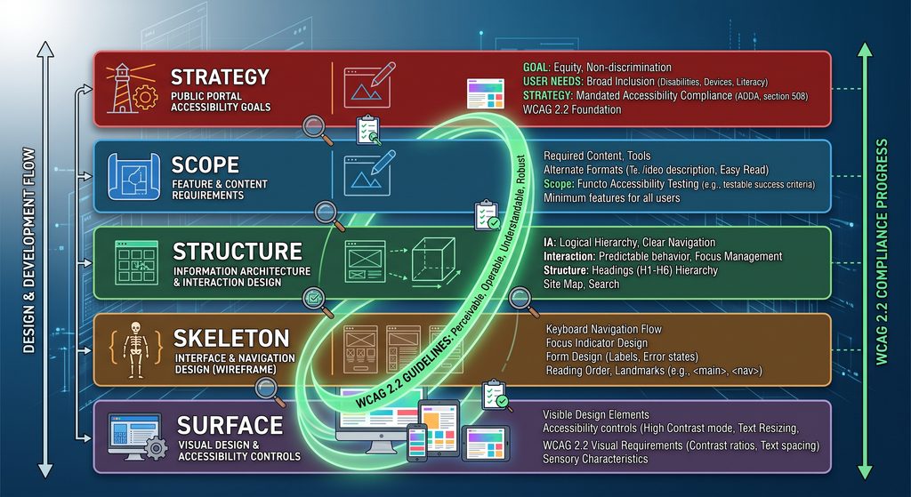 A technical infographic in English diagramming 'Mapping WCAG 2.2 to Garrett's Five Planes of UX'. It shows five horizontal, color-coded, layered rectangular panels representing Jesse James Garrett's Five Planes of UX framework (Strategy, Scope, Structure, Skeleton, Surface) set against a futuristic digital interface. Each panel lists a UX focus, such as 'Accessibility Goals' for Strategy, and maps corresponding WCAG 2.2 guidelines and accessibility controls (like 'Alternative Formats' or 'Keyboard Access') on the right. Connecting lines and small icons highlight integration points for accessibility compliance on public portals.